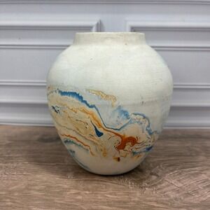 Nemadji Pottery Bud Vase 5 in Cream Blue Orange Marbled Swirl Made in USA